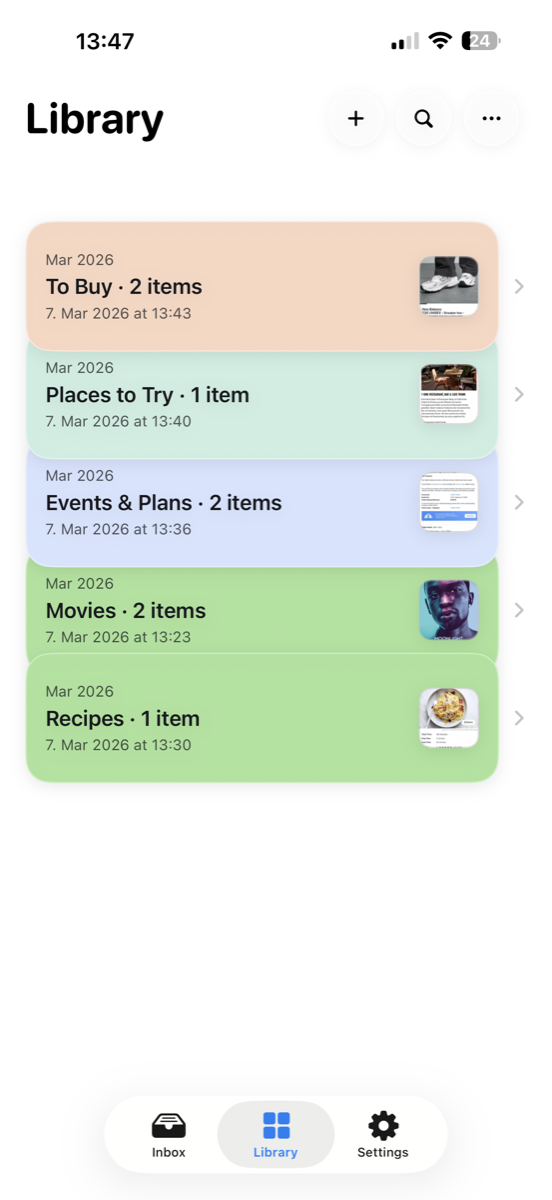 NoteShot library view with grouped cards for shopping, places, events, movies, and recipes.